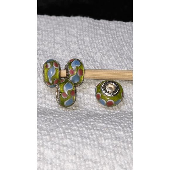 NEW SET OF 4 PANDORA MURANO BEADS - TRANSLUCENT GREEN W/PINK/BLUE/WHITE DECOR - - Picture 1 of 2